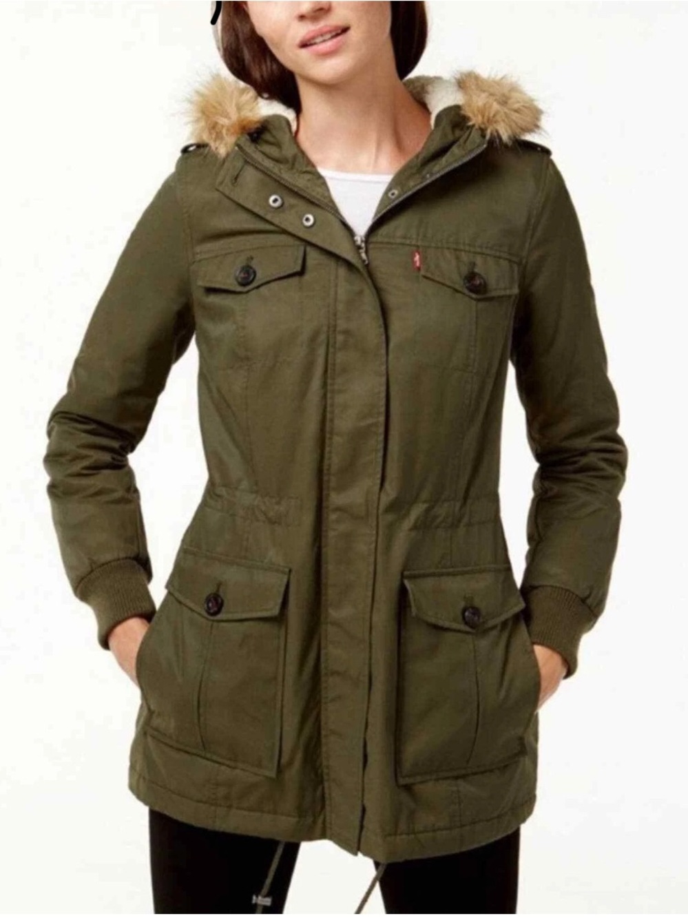 Women Levi Faux Fur Hooded Sherpa-Lined Parka Jacket Olive Green| Small